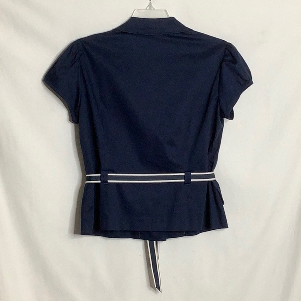 Dressbarn Navy Short Sleeve Blazer Top with Striped Belt Size 14 Career Office - Picture 9 of 16